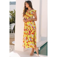Yellow Cheetah Plant Print Shirred Button V Neck Maxi Dress - S thumbnail