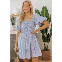 Sky Blue Stripe Bubble Sleeve Square Neck Ruched Pocketed Babydoll Dress - M thumbnail