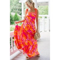 Red Abstract Print Knotted Shoulder High Waist Maxi Dress - M thumbnail