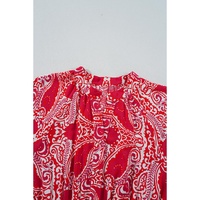 Red Paisley Print Side Slit Puff Sleeve High Waist Maxi Dress - L thumbnail