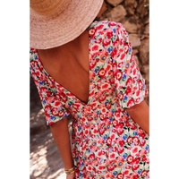 Red Floral Half Sleeve Deep V Neck Cutout Back Split Maxi Dress - L thumbnail