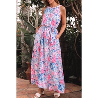 Sky Blue Floral Printed Sleeveless O Neck Knot Waist Maxi Dress - S thumbnail