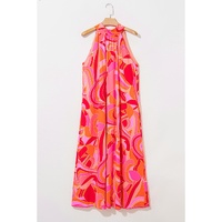 Rose Abstract Printed High Neck Knotted Nape Sleeveless Maxi Dress - L thumbnail