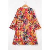 Pink Plant Print Flared Sleeve Ruffled Hem Tunic High Waist Flowy Dress - L thumbnail