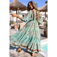 Green Boho Floral Print Lace-up Open Back High Waist Maxi Dress - S thumbnail