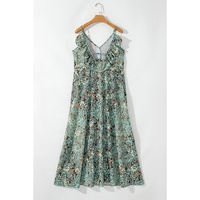 Green Floral Print V Neck Ruffled Trim Backless Tassel Waist Maxi Dress - L thumbnail