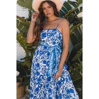 Blue Floral Printed Spaghetti Strap Maxi Dress with Waist Tie - L thumbnail