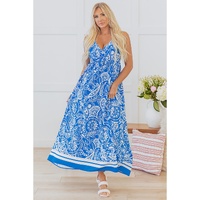 Blue Paisley V Neck Crisscross Backless Maxi Dress - XL thumbnail