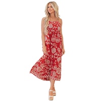 Red Floral Printed Spaghetti Strap Empire Waist Maxi Dress - L thumbnail