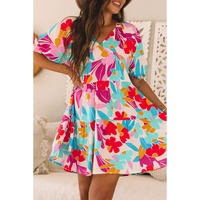 Rose Red Floral Bubble Sleeve V Neck Tiered Ruffle Babydoll Dress - XL thumbnail