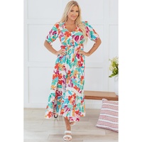 Rose Red Floral Knot Puff Sleeve V Neck Buttoned Front Split Lace Maxi Dress - XL thumbnail