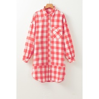 Pink Oversized Plaid Puff Sleeve Round Hem Shirt Dress - S thumbnail