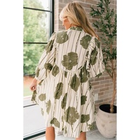 Guacamole Green Floral Striped Print Contrast Piping Puff Sleeve Dress - L thumbnail