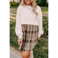 Beige Plaid Patchwork High Waist Sweatshirt Mini Dress - M thumbnail