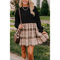 Black Plaid Patchwork High Waist Sweatshirt Mini Dress - M thumbnail