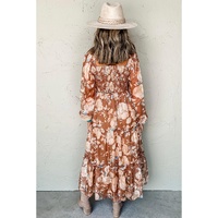 Brown Floral Print Shirred Square Neck High Waist Maxi Dress - L thumbnail