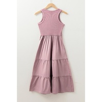 Sepia Rose Ribbed Vest Patchwork Tiered Midi Dress with Pockets - L thumbnail