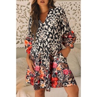 Black Retro Floral Mixed Print Split Neck A-line Dress - M thumbnail