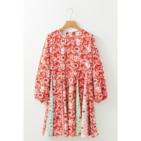 Red Colorful Floral Patchwork Long Sleeve Pleated Mini Dress - L thumbnail