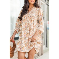 Yellow Boho Floral V Neck Ruffled Empire Waist Long Sleeve Mini Dress - L thumbnail