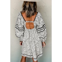 Gray Floral Print Open Back Balloon Sleeve Square Neck Mini Dress - L thumbnail