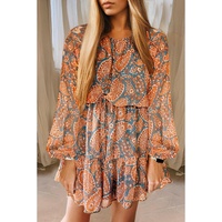 Orange Paisley Print Loose Fit Drawstring High Waist Mini Dress - L thumbnail