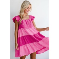 Pink Crinkled Colorblock Patchwork Flutter Tiered Mini Dress - L thumbnail