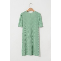 Mint Green Corded Knit Crew Neck Puff Sleeve Shift Mini Dress - L thumbnail