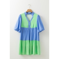 Dark Blue Colorblock Frilled V Neck Puff Half Sleeve Shift Dress - M thumbnail