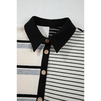Black Stripe Colorblock Knit Henley Collar Shift Long Sleeve Mini Dress - M thumbnail