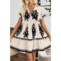 Black Vintage Print V Neck High Waist Short Sleeve Dress - L thumbnail