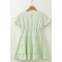 Green Stripe Textured Tiered Short Sleeve Loose Mini Dress - M thumbnail