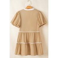Pale Khaki Contrast Trim Pintuck Puff Sleeve Tied Neck Short Dress - L thumbnail