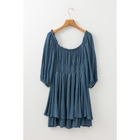 Real Teal Frilled Neckline 3/4 Sleeve Layered Ruched Mini Dress - XL thumbnail