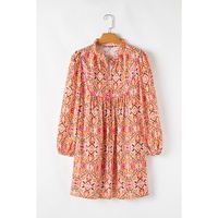 Khaki Abstract Printed Long Sleeve Tied Neckline Mini Dress - L thumbnail