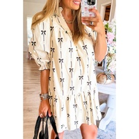 Beige Cute Bowknot Printed Bubble Sleeve V Neck Mini Dress - L thumbnail