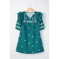 Skobeloff Boho Floral Ruffle Puff Sleeve Lace-up V Neck Mini Dress - M thumbnail