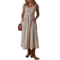 Beige Scoop Neck Ribbed Bodice Pleated Sleeveless Long Dress - M thumbnail