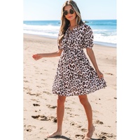 Brown Leopard Tied Front Keyhole Puff Short Sleeve Mini Dress - M thumbnail
