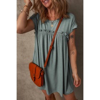 Mist Green Frilled Gathered Seam Round Neck T Shirt Dress - S thumbnail