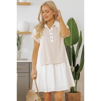 Jet Stream Shirt Collar Buttoned Patchwork Short Sleeve Mini Dress - L thumbnail