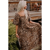 Brown Leopard Print Bubble Sleeve Square Neck Maxi Dress - L thumbnail