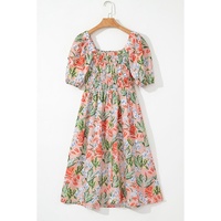 Apricot Pink Floral Smocked Bust Bubble Short Sleeve Maxi Dress - L thumbnail