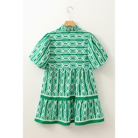 Bright Green Abstract Patterned V Neck Puff Short Sleeve Mini Dress - M thumbnail