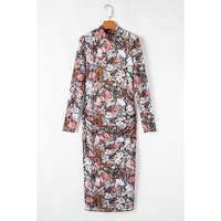 Brown Floral Allover Print Mock Neck Bodycon Long Sleeve Midi Dress - L thumbnail