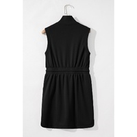 Black French Terry Zipped Collar Sleeveless Drawstring Waist Mini Dress - M thumbnail