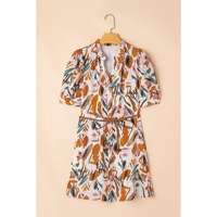 Brown Abstract Printed Puff Sleeve Button Up Braided Belt Mini Dress - L thumbnail