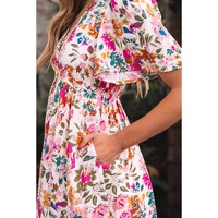 Red Floral Short Sleeve V Neck High Waist Maxi Dress - L thumbnail