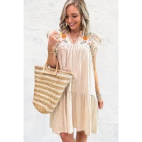 Jet Stream Linen Embroidery Split Neck Pom Pom Ruffle Sleeves Flowy Short Dress - L thumbnail