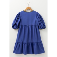 Bluing Colorful Striped Trim Puff Sleeve Pleated Mini Dress - L thumbnail